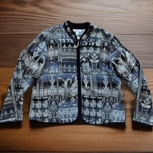 VTG DRESSBARN Women’s XL Black Gray Blue Jacquard Tapestry Jacket Fleur-de-lis